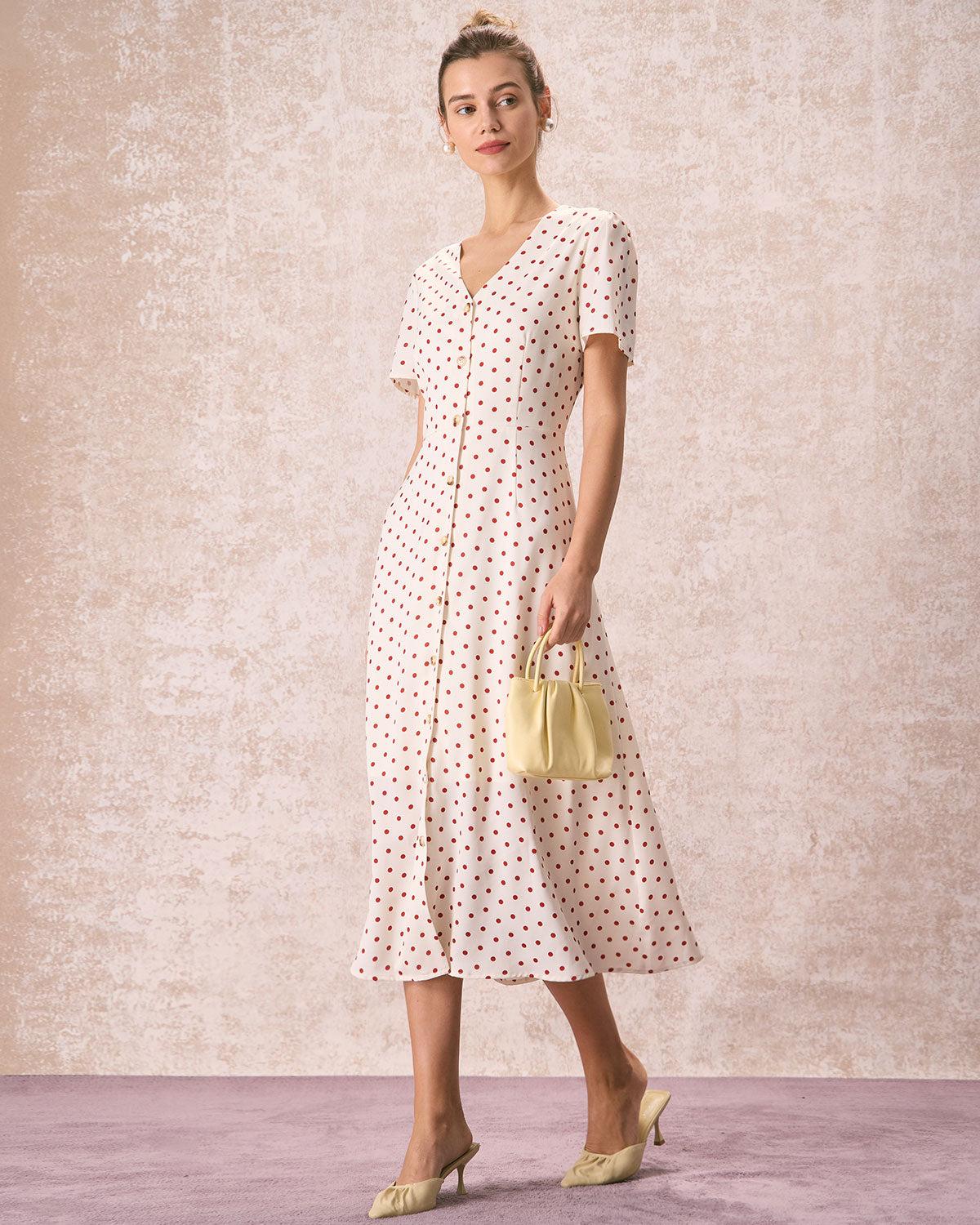 The Beige V Neck Polka Dot Button Midi Dress Product Image
