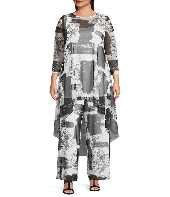 IC Collection Plus Size Printed Mesh Boat Neck 3/4 Sleeve High Low Coordinating Top Product Image