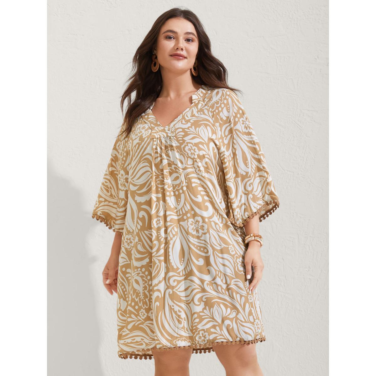 Plus Size Paisley Print Notched Collar Lace Midi Dress LightBrown Women Flat collar with V-notch Elbow-length sleeve Curvy BloomChic 22-24/3X Product Image