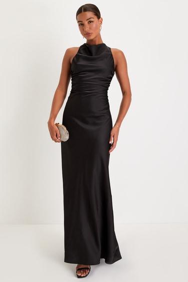 Effortlessly Sensational Black Satin Backless Maxi Dress Product Image