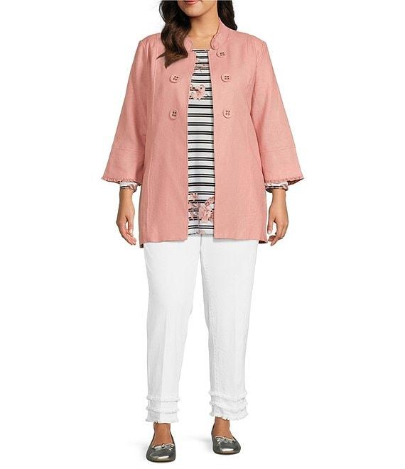 Multiples Plus Size Linen-Blend Stand Collar 3/4 Flounce Sleeve Open-Front Jacket Product Image