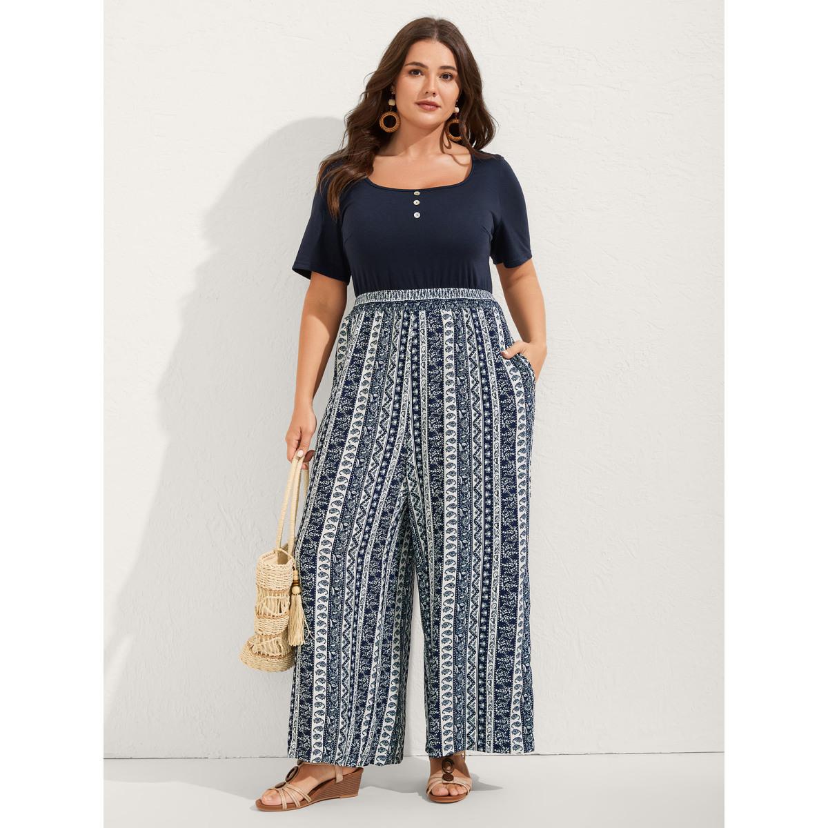 Plus Size Indigo Boho Striped Shirred Contrast Jumpsuit Women Boho Short sleeve U-neck Vacation Loose Jumpsuits BloomChic 14-16/1X Product Image