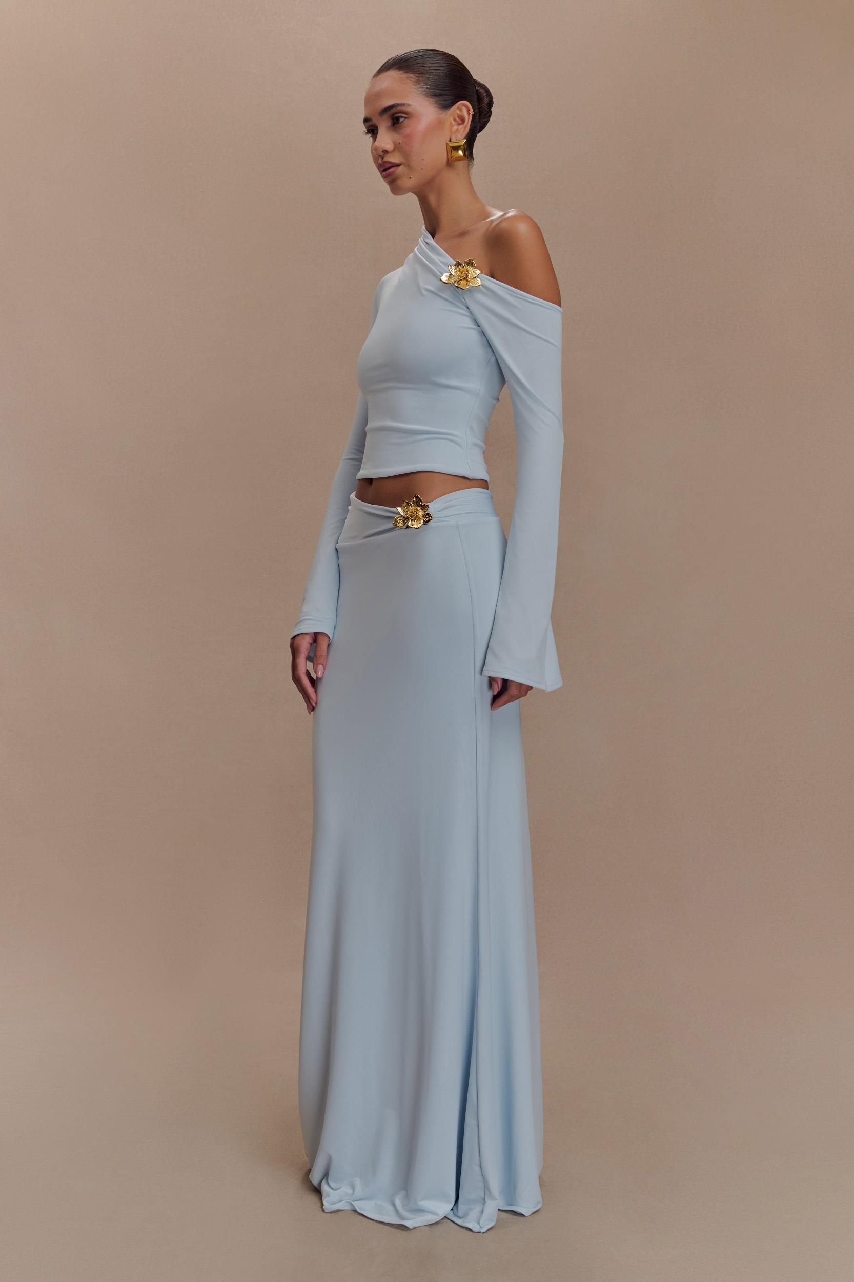 Ainsley Asymmetrical Maxi Skirt With Floral Hardware - Pale Blue Product Image