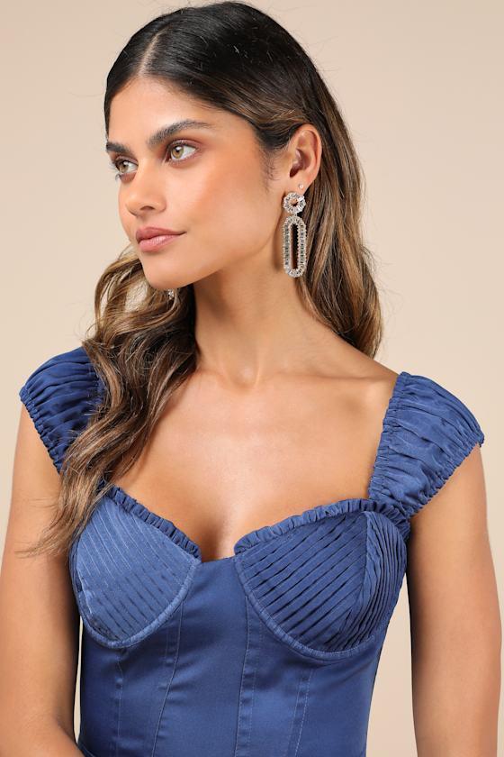 Perfected Aesthetic Cobalt Blue Satin Ruffled Bustier Mini Dress Product Image