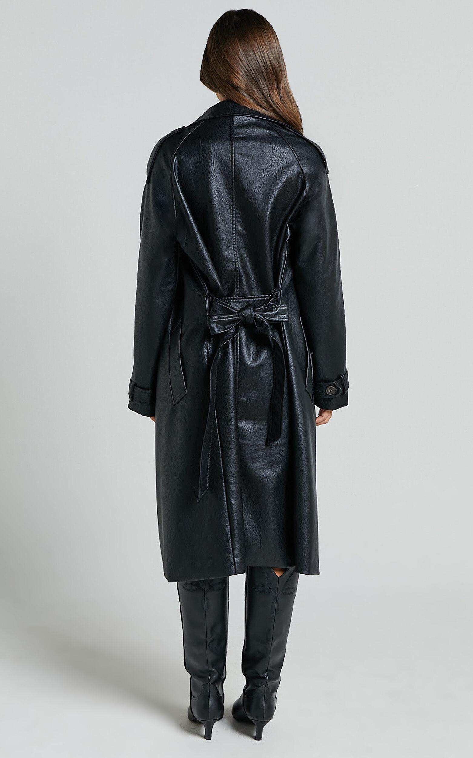 Vicki Trench Coat - Faux Leather Washed Trench Coat in Black Product Image