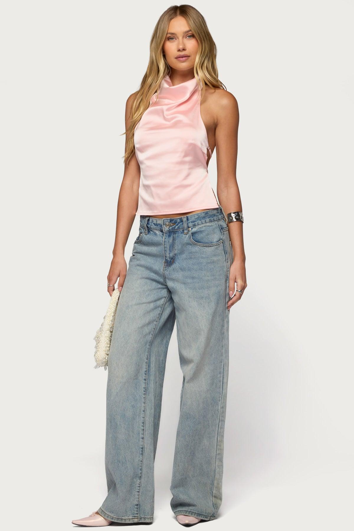 Satin Effect Backless Cowl Neck Top Product Image