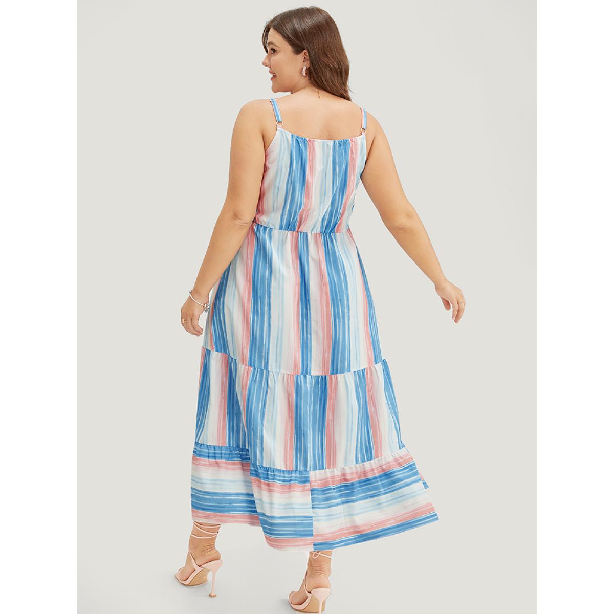 Plus Size Striped Contrast Shirred Pocket Ruffle Tiered Cami Dress Multicolor Women Vacation Adjustable Straps Spaghetti Strap Sleeveless Curvy Midi Dress BloomChic 26/4X Product Image