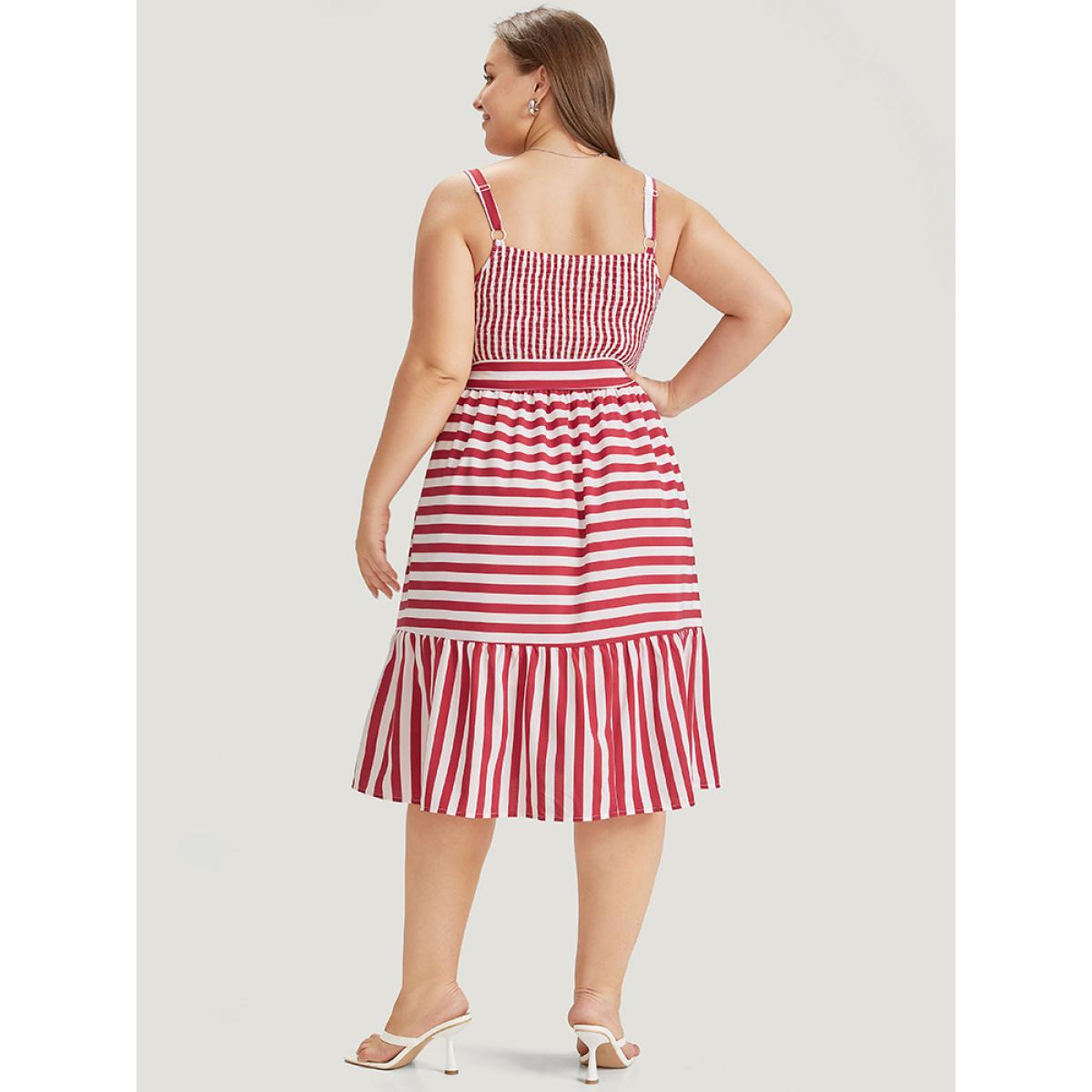 Plus Size Striped Print Belted Ruffle Layered Hem Cami Dress Scarlet Women Office Adjustable Straps Spaghetti Strap Sleeveless Curvy Midi Dress BloomChic 14-16/1X Product Image