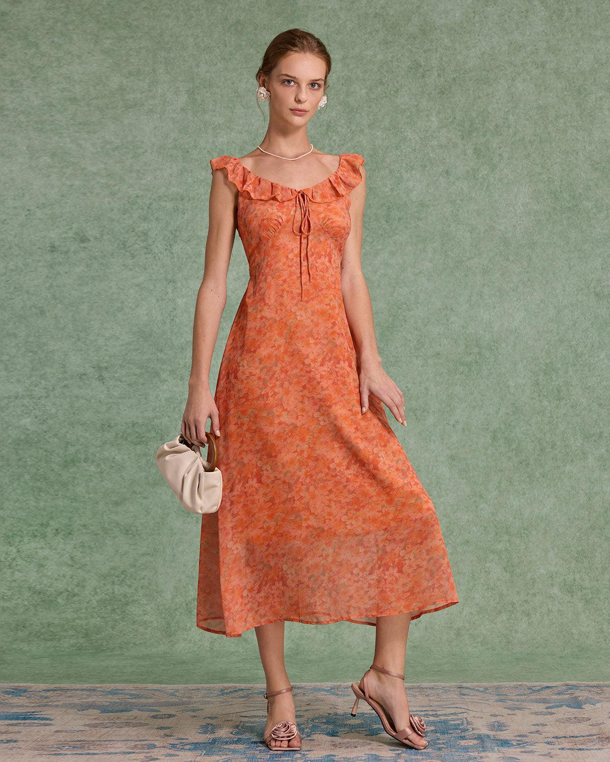 Orange Floral Ruffle Sleeveless Maxi Dress Product Image