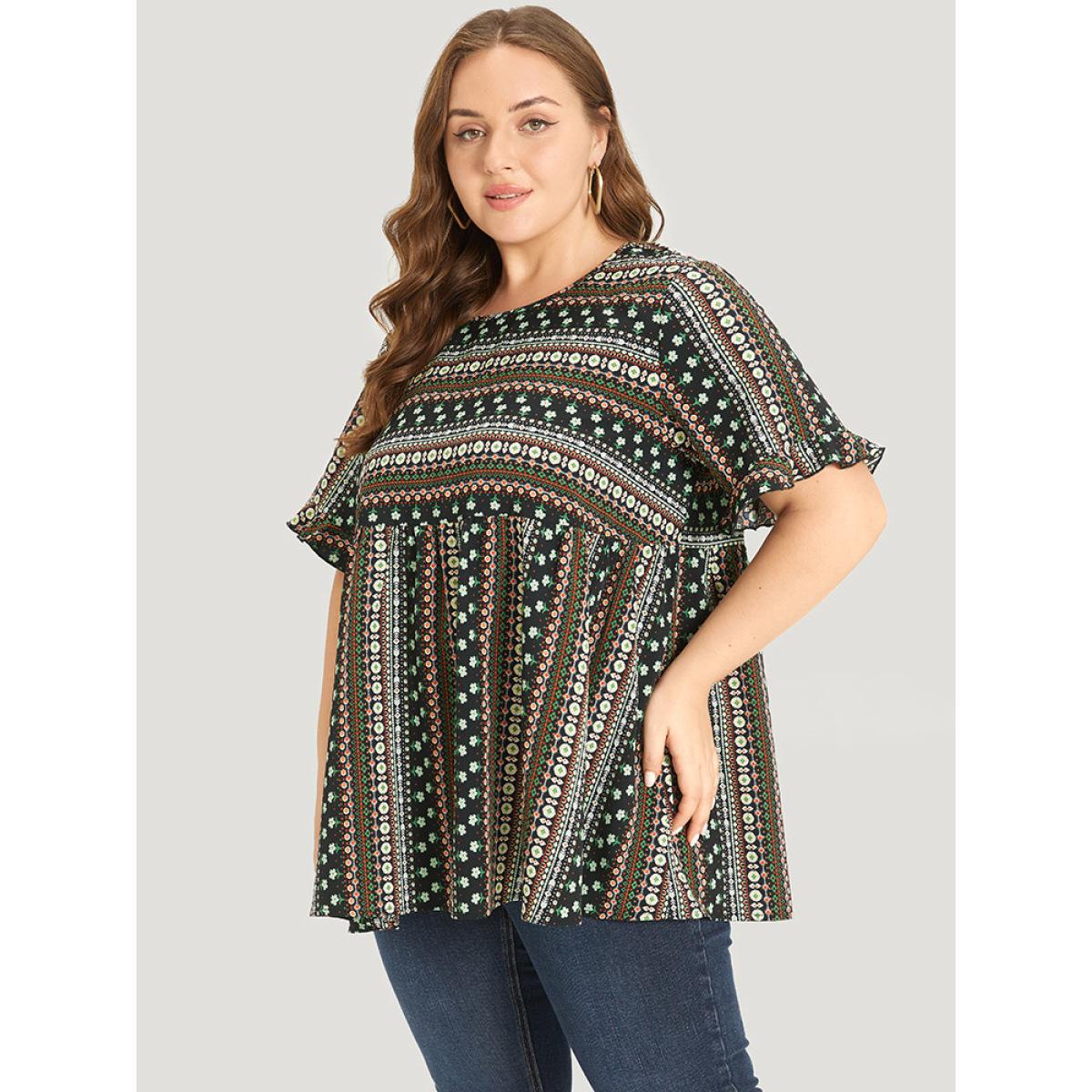 Plus Size Multicolor Bandana Patchwork Ruffle Sleeve Blouse Women Vacation Short sleeve Round Neck Dailywear Blouses BloomChic 30/6X Product Image