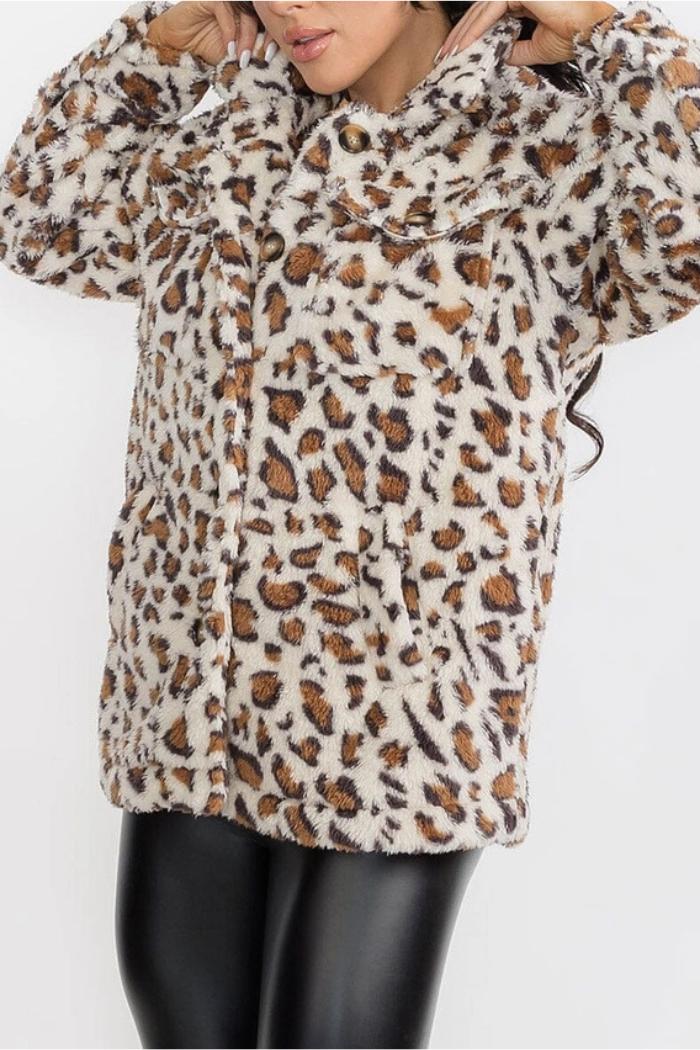 Animal Print Pocket Front Sherpa Jackets Product Image