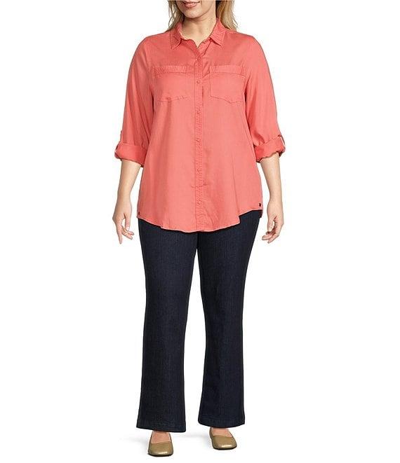 Intro Plus Size Button Front Slub Point Collar Roll-Tab Long Sleeve Lyocell Shirt Product Image