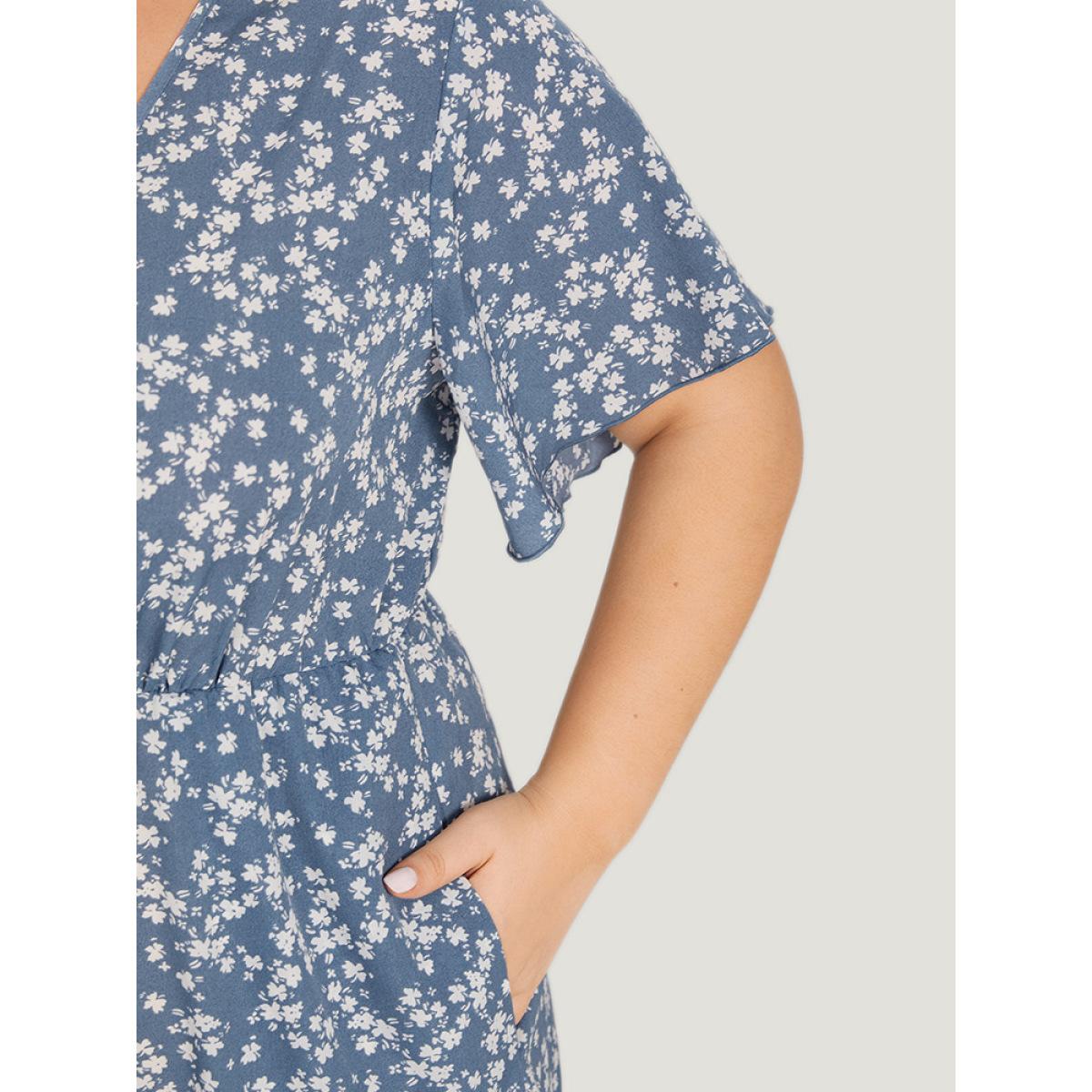 Plus Size Ditsy Floral Elastic Waist Button Detail Pocket Ruffles Dress LightBlue Women Elegant V-neck Short sleeve Curvy Midi Dress BloomChic 28/5X Product Image