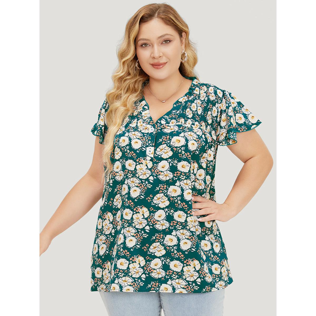 Plus Size Cerulean Floral Ruffle Sleeve Shirred Button Up Frill Trim Blouse Women Elegant Short sleeve V-neck Dailywear Blouses BloomChic 12/L Product Image
