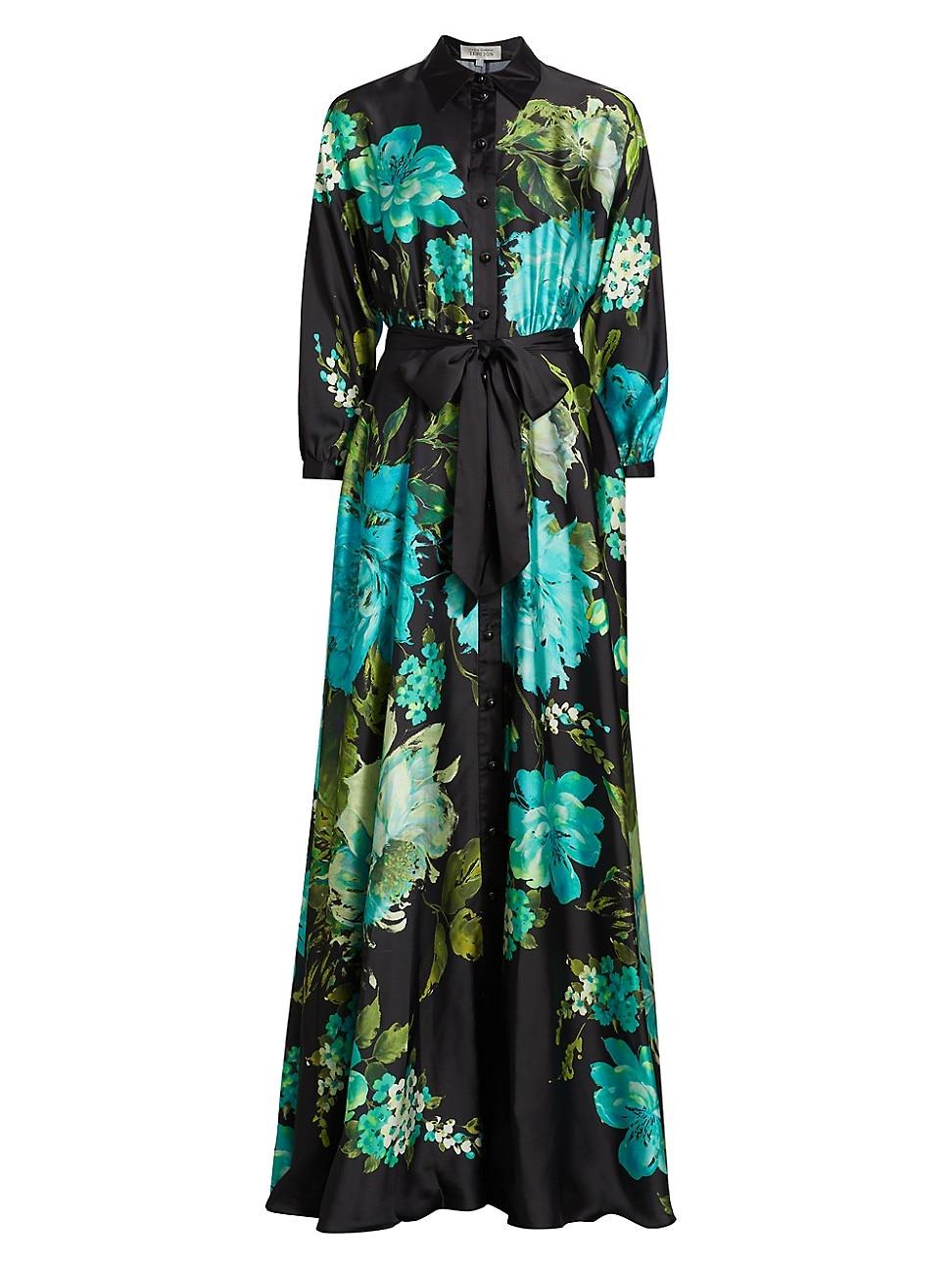 Womens Floral Satin Tie-Waist A-Line Gown Product Image