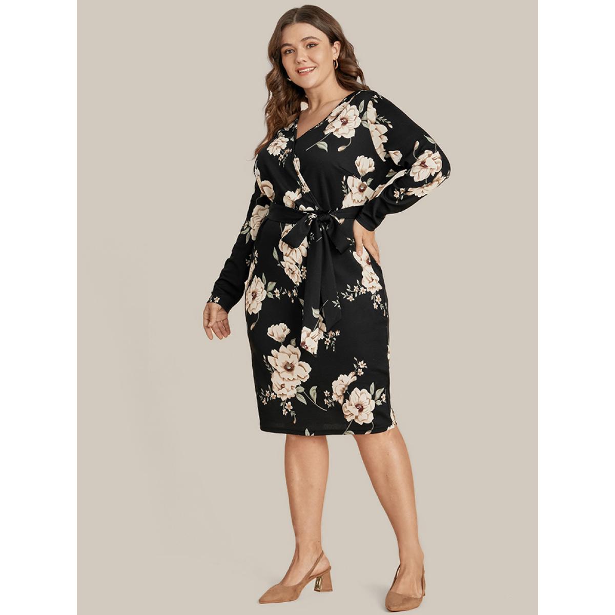 Plus Size Floral Print Belted Surplice Neck Knee Dress Black Women Elegant Belted V-neck Long Sleeve Curvy Knee Dress BloomChic 14-16/1X Product Image