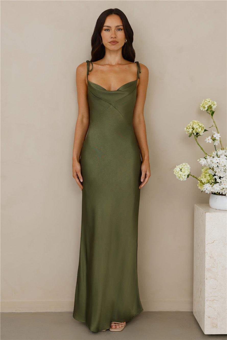 The Penelope Cowl Satin Maxi Dress Olive Product Image
