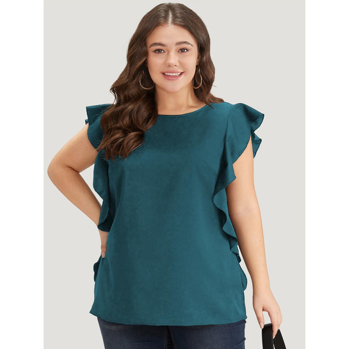 Plus Size Cyan Solid Crew Neck Ruffle Trim Blouse Women Office Cap Sleeve Round Neck Work Blouses BloomChic 30/6X Product Image