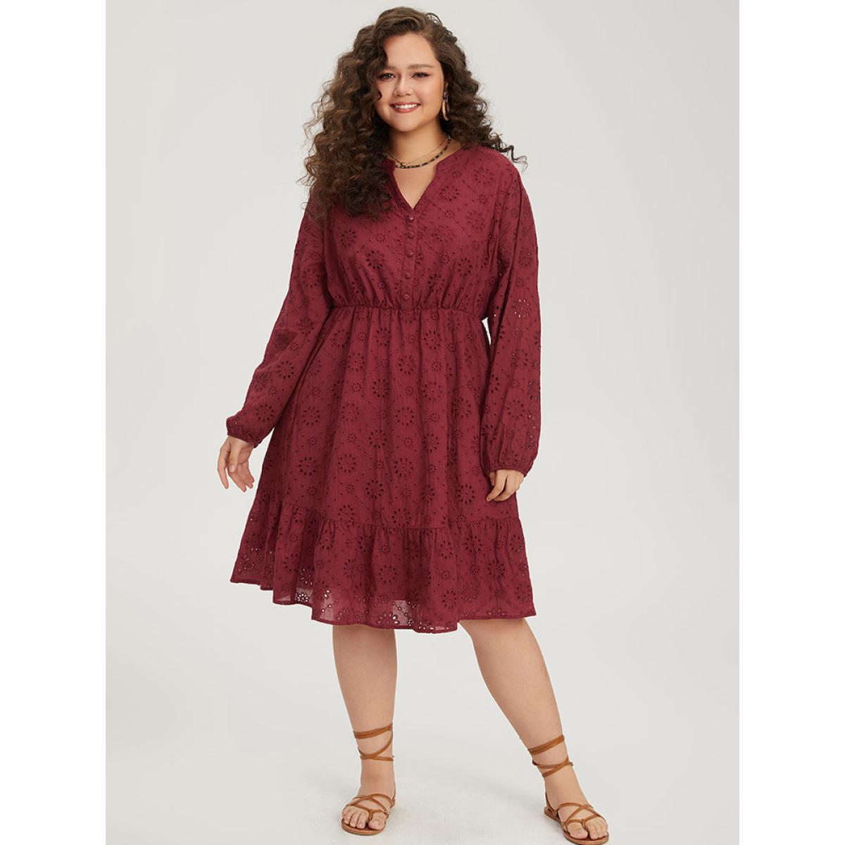Plus Size Plain Geometric Eyelet Notched Lantern Sleeve Dress Burgundy Women Vacation Elastic cuffs Notched collar Long Sleeve Curvy Midi Dress BloomChic 18-20/2X Product Image
