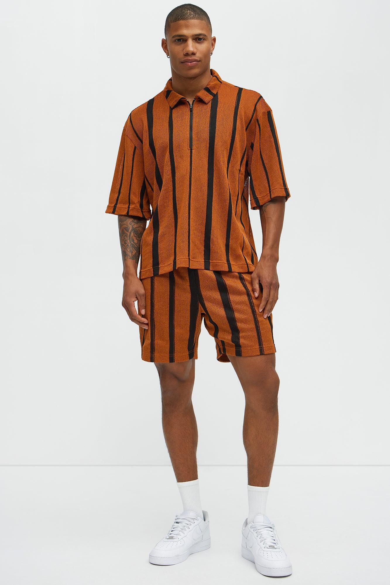 Open Knit Striped Textured Quarter Zip Polo - Brown Product Image