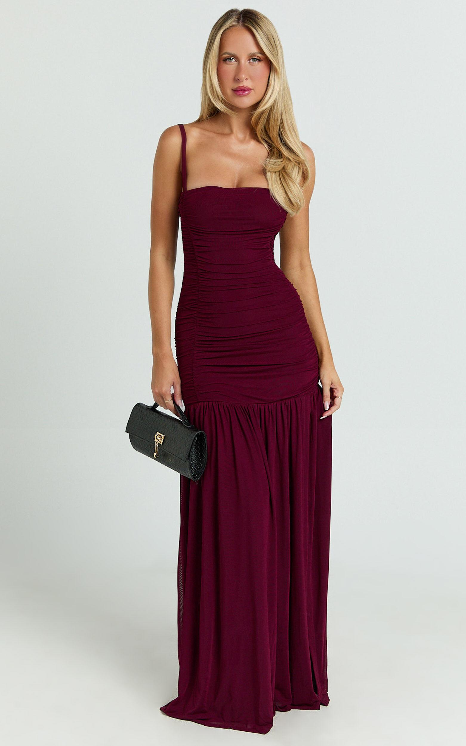 Cardi Maxi Dress - Ruched Mesh High Leg Split Dress in Wine Product Image
