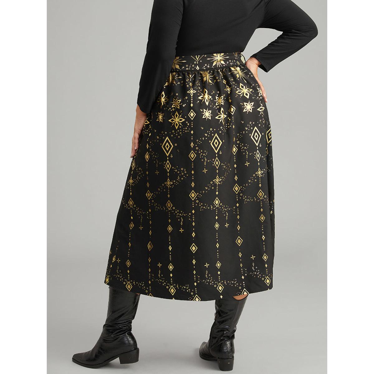 Plus Size Halloween Glitter Geometric Belted Pocket Skirt Women Black Elegant A-line No stretch Pocket Belt Festival-Halloween Skirts BloomChic 22-24/3X Product Image