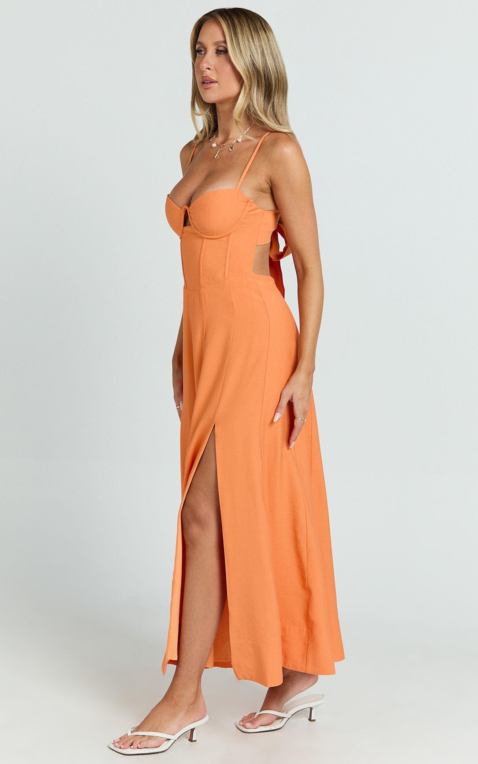 Amalie The Label - Ray Corset Panel Tie Back Midi Linen Blend Dress in Orange Product Image