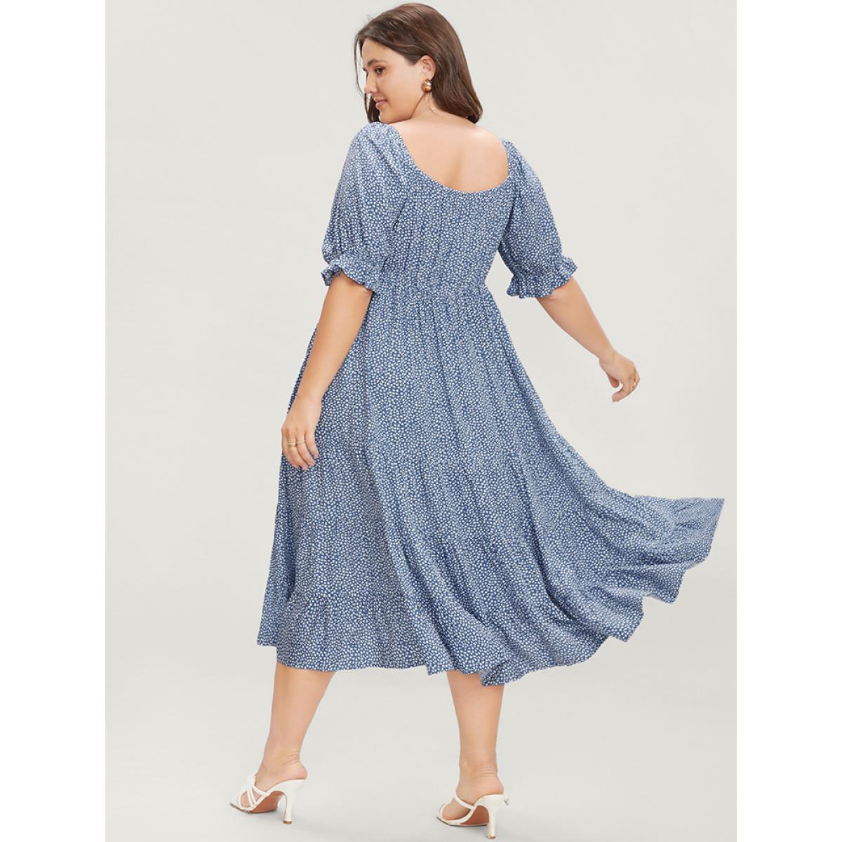 Plus Size Geometric Button Detail Lantern Sleeve Ruffle Tiered Dress LightBlue Women Elegant Patchwork V-neck Half Sleeve Curvy Midi Dress BloomChic 28/5X Product Image