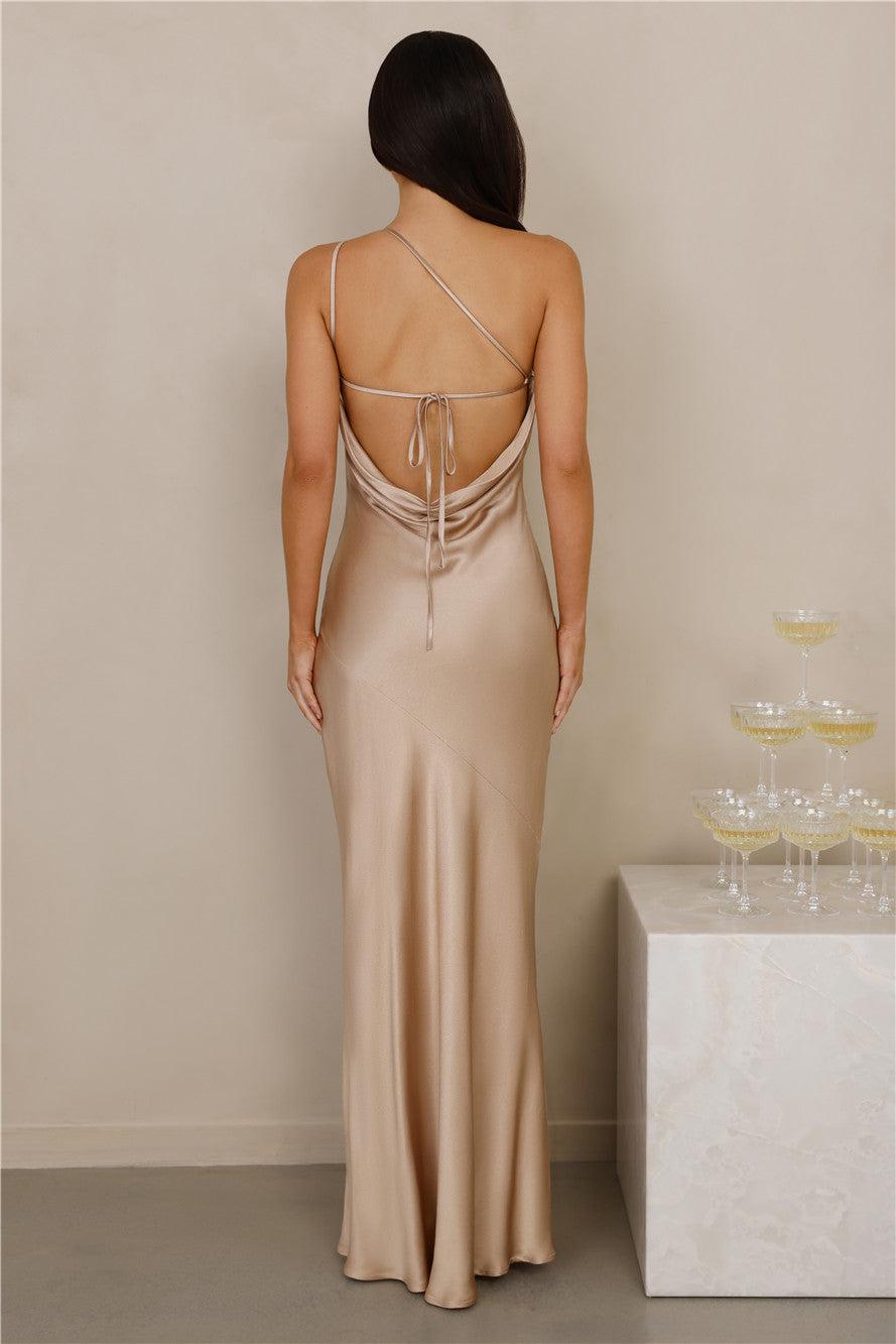 The Evangeline One Shoulder Satin Maxi Dress Champagne Product Image