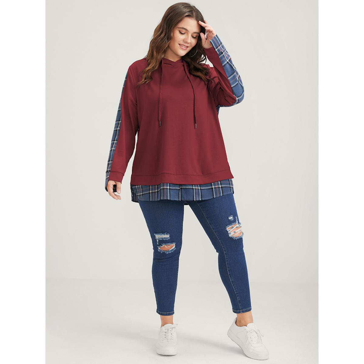 Plus Size Plaid Contrast Asymmetrical Drawstring Hooded Sweatshirt Women Scarlet Casual Contrast Loose Hooded Dailywear Sweatshirts BloomChic 14-16/1X Product Image