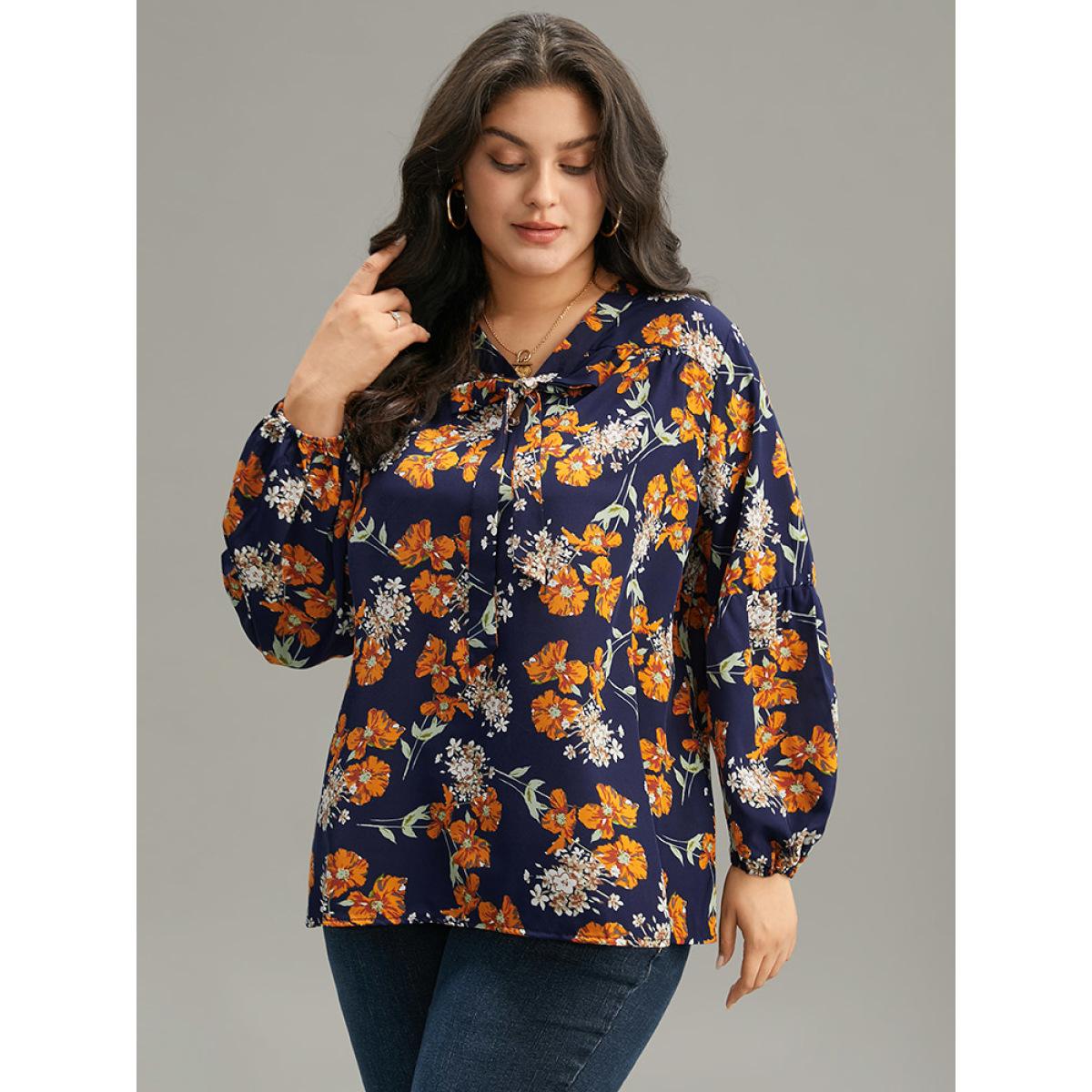 Plus Size Indigo Floral Print Bowknot Ties Lantern Sleeve Blouse Women Elegant Long Sleeve V-neck Dailywear Blouses BloomChic 14-16/1X Product Image