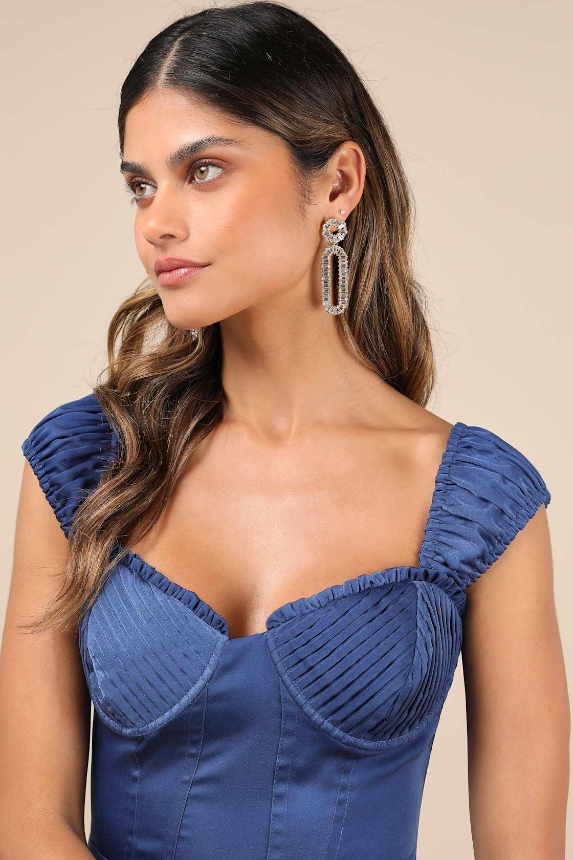 Perfected Aesthetic Cobalt Blue Satin Ruffled Bustier Mini Dress Product Image