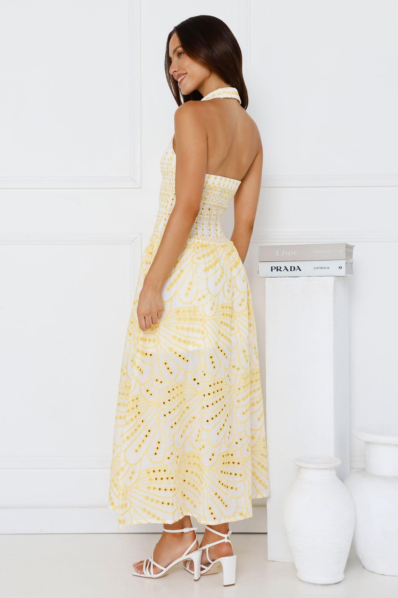 Leona Halter Embroidered Maxi Dress Yellow Product Image