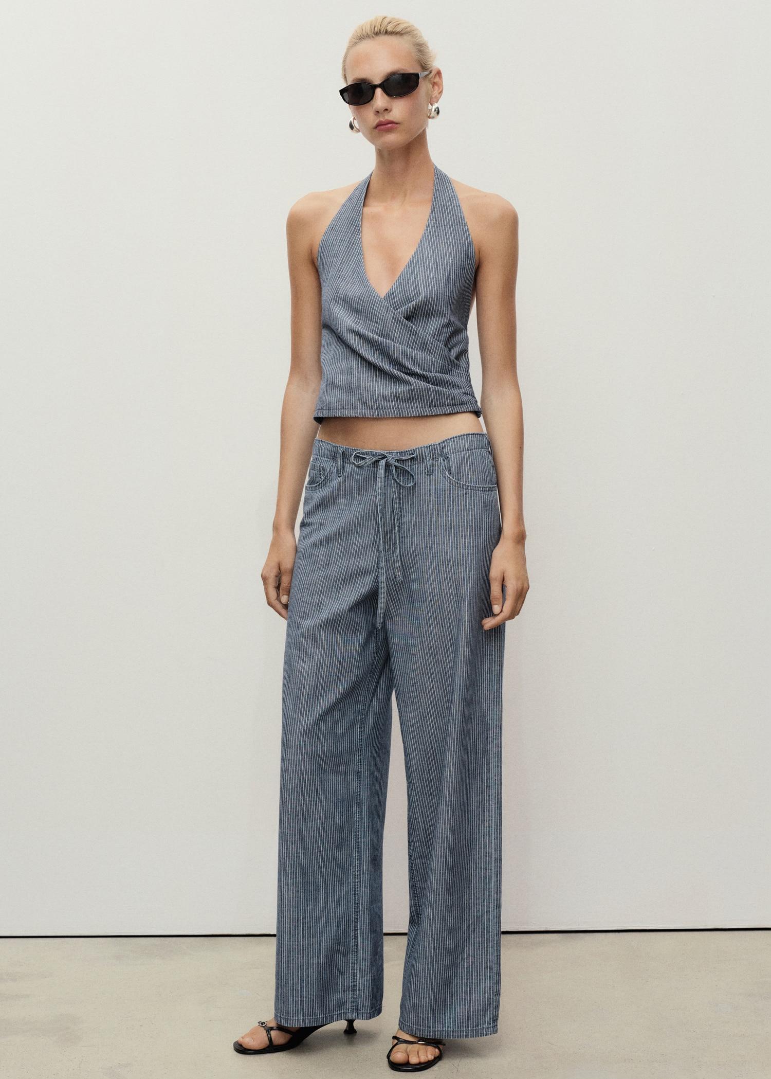 Wide leg denim pants with belt - Women | MANGO USA Product Image