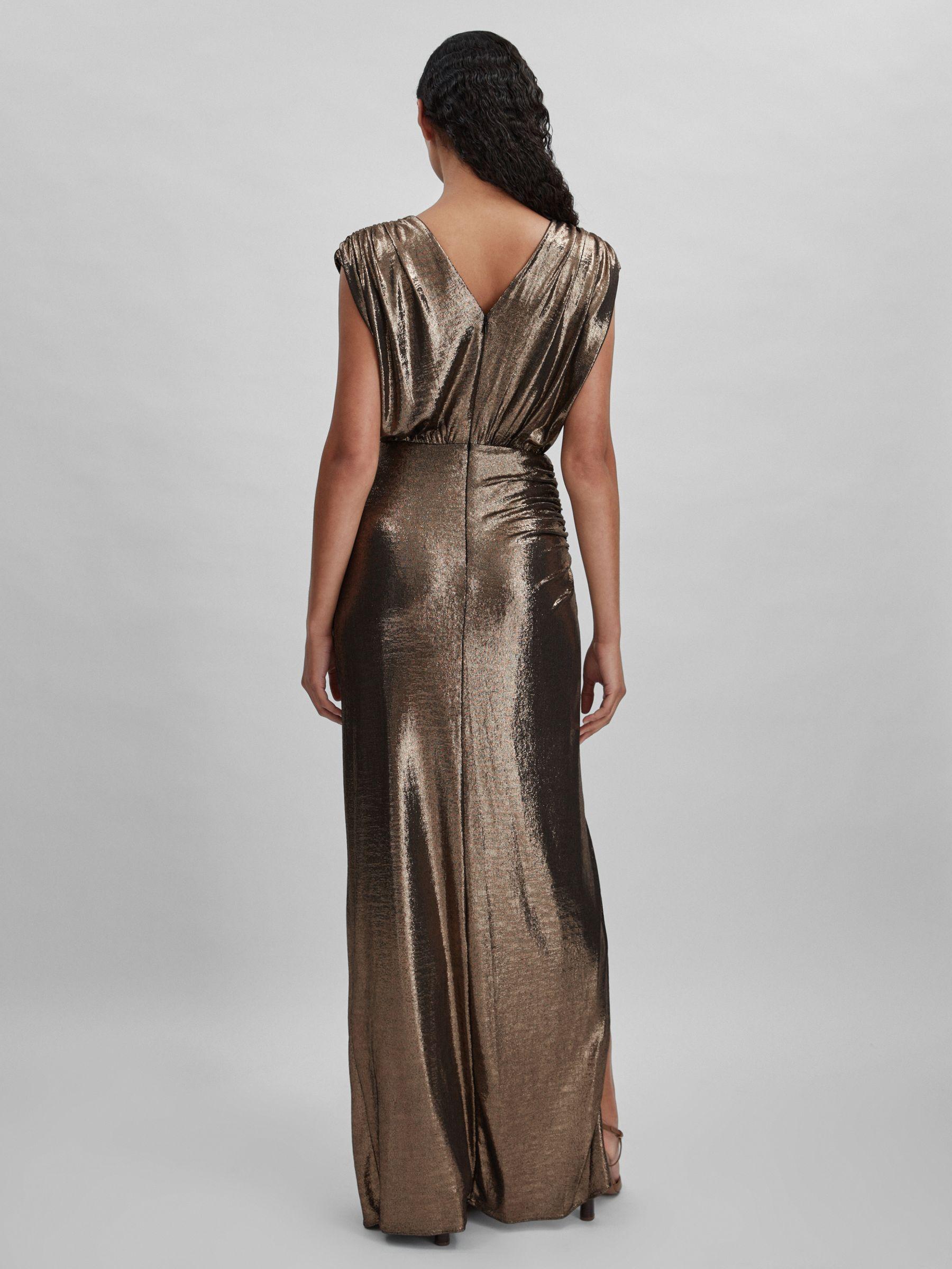 Halston Metallic Ruched Maxi Dress in Gold Product Image