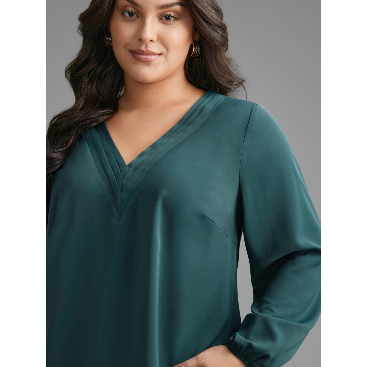Plus Size DarkSlateGray V Neck Pleated Lantern Sleeve Blouse Women At the Office Long Sleeve V-neck Office Blouses BloomChic 22-24/3X Product Image