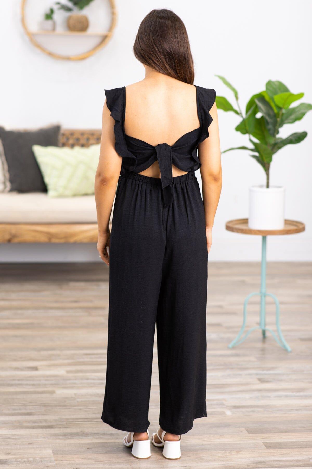 Black Smocked Bodice Ruffle Strap Jumpsuit Product Image