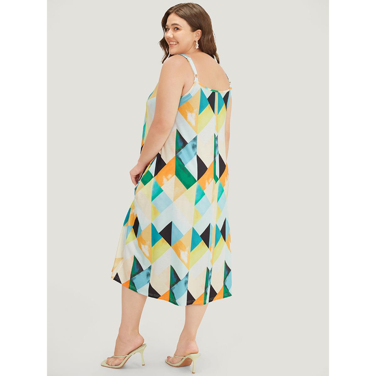 Plus Size Geometric Print Ruffles Pocket Spaghetti Strap Dress Multicolor Women Elegant Adjustable Straps Spaghetti Strap Sleeveless Curvy Midi Dress BloomChic 12/L Product Image