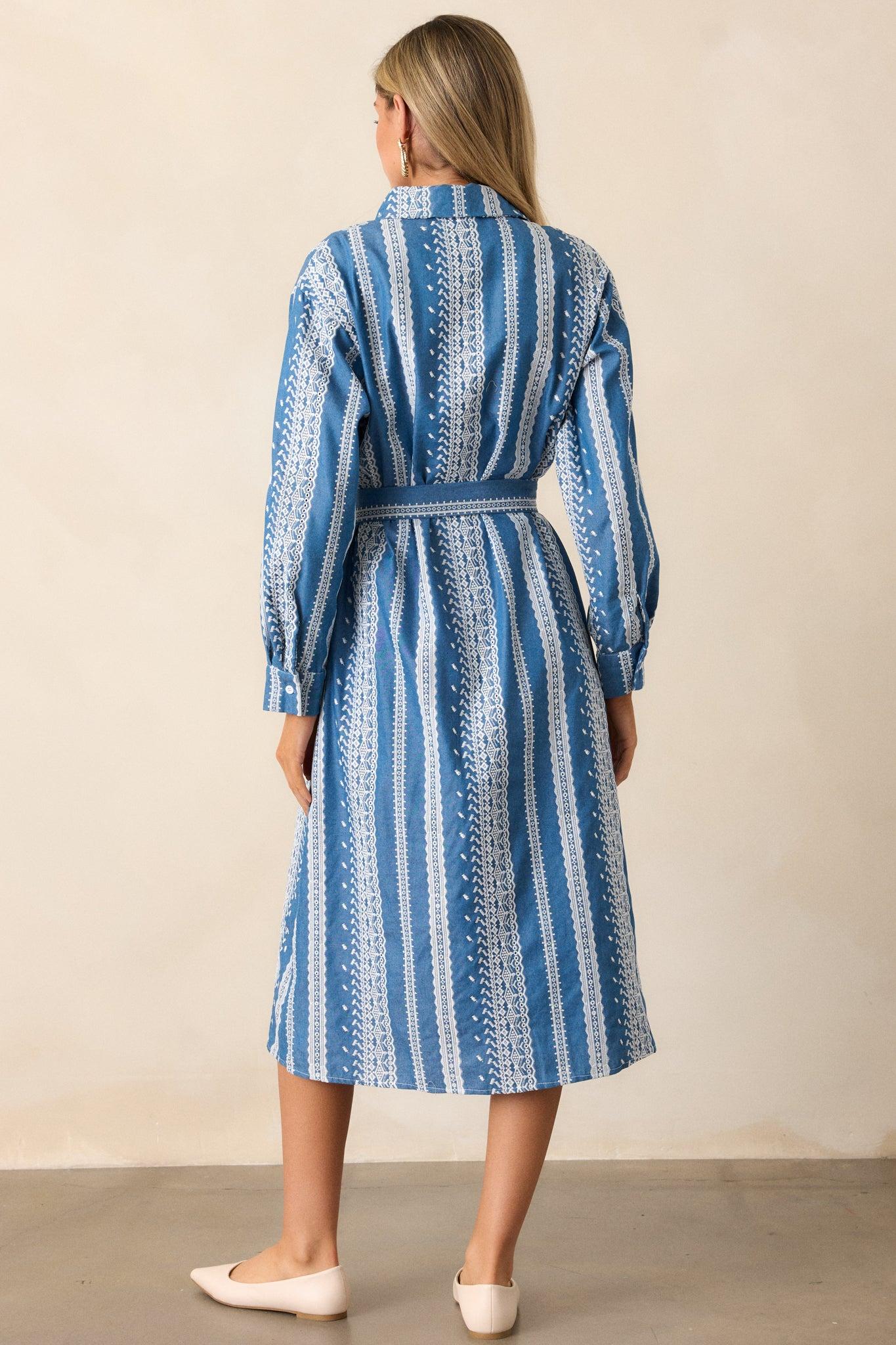 Songs of the Sky Blue Embroidered Midi Shirt Dress Product Image
