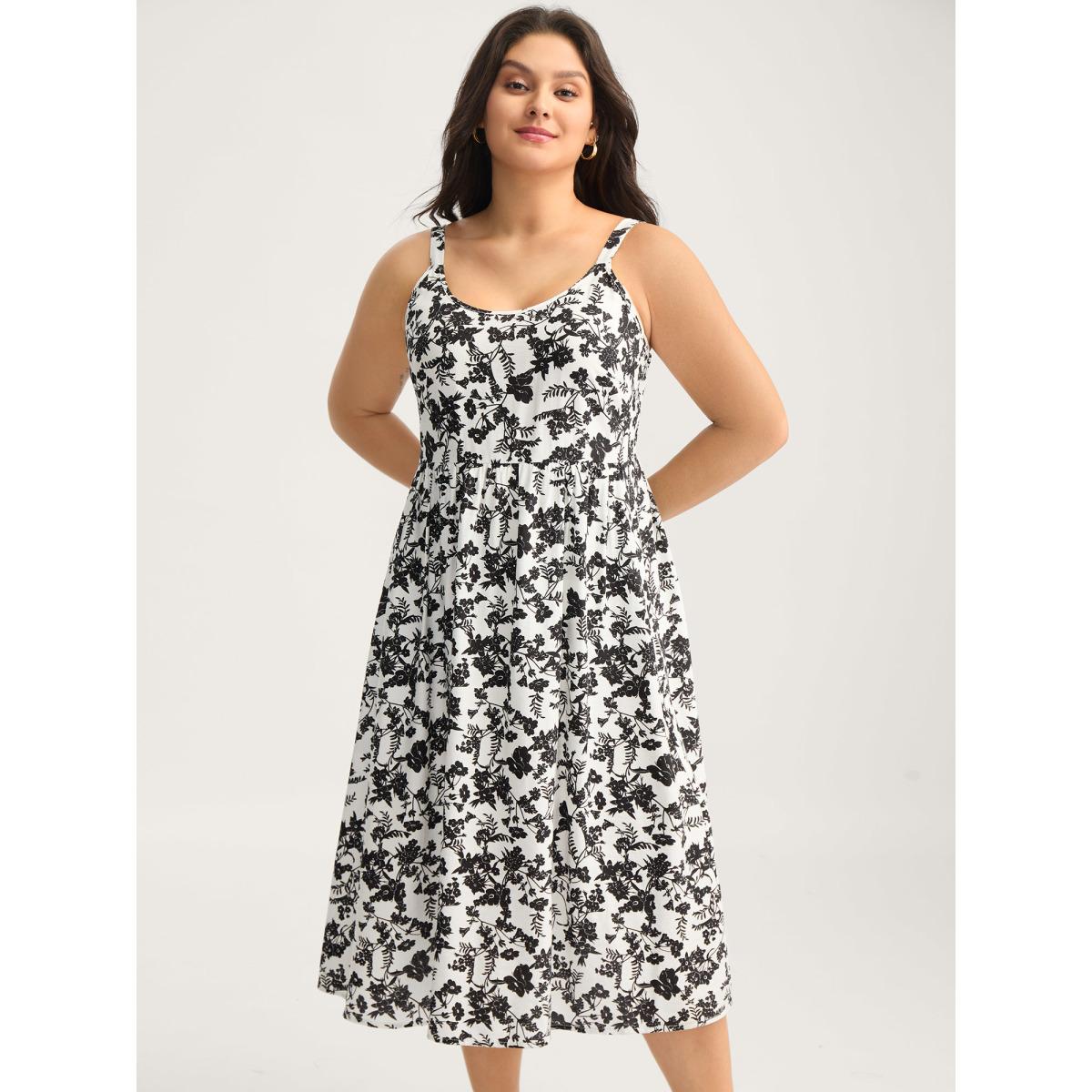 Plus Size Monochrome Florals Shirred Backless Midi Dress Black Women Contrast U-neck Sleeveless Curvy BloomChic 28/5X Product Image