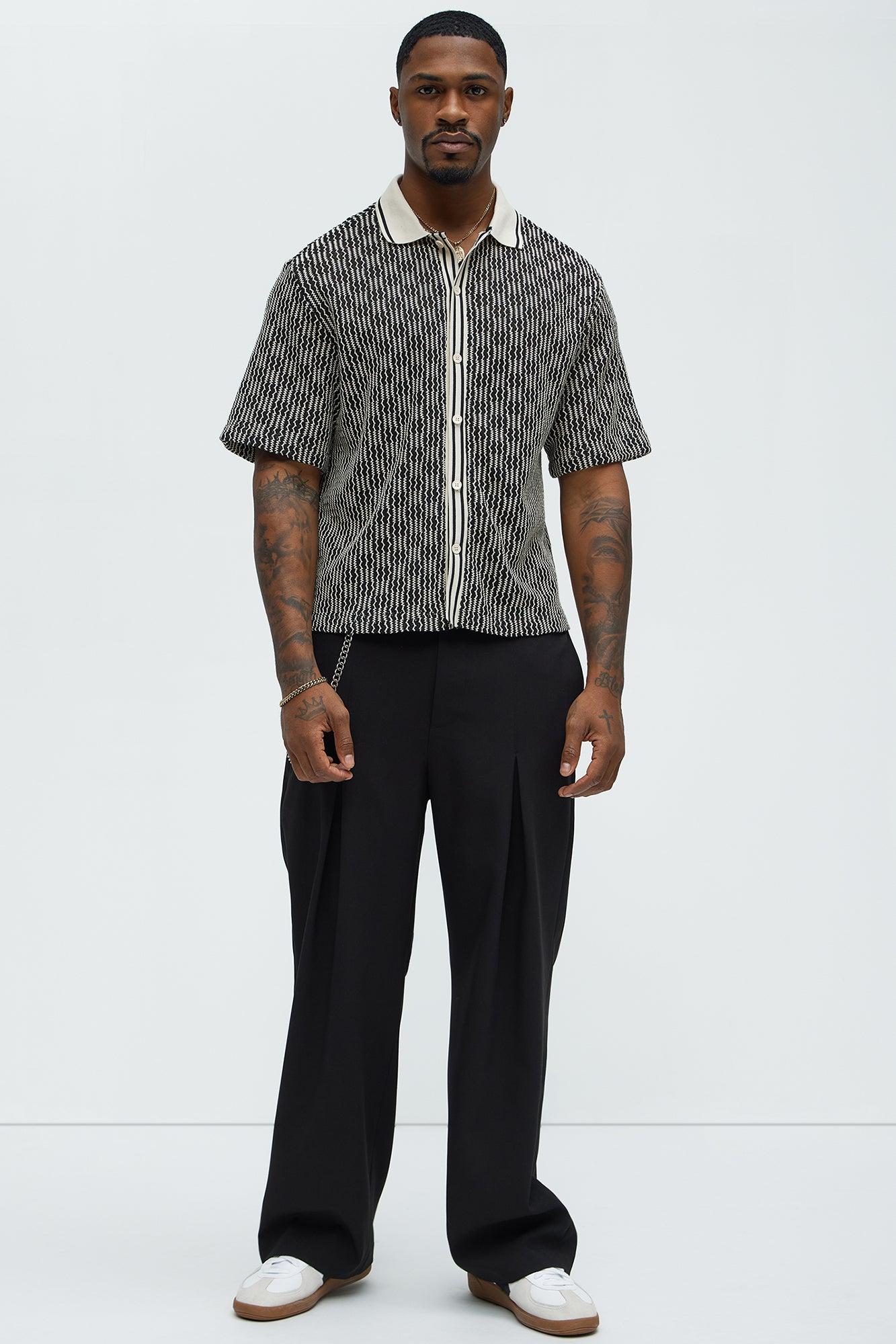 Zigzag Open Knit Crochet Cuban Shirt - Black/combo Product Image