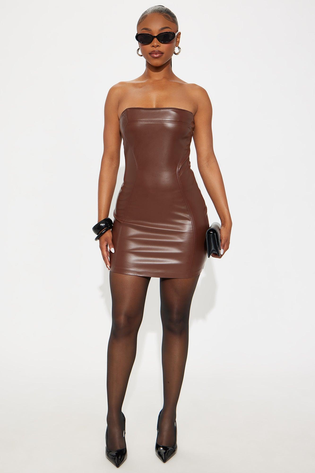 Matching Auras Faux Leather Mini Dress - Brown Female Product Image