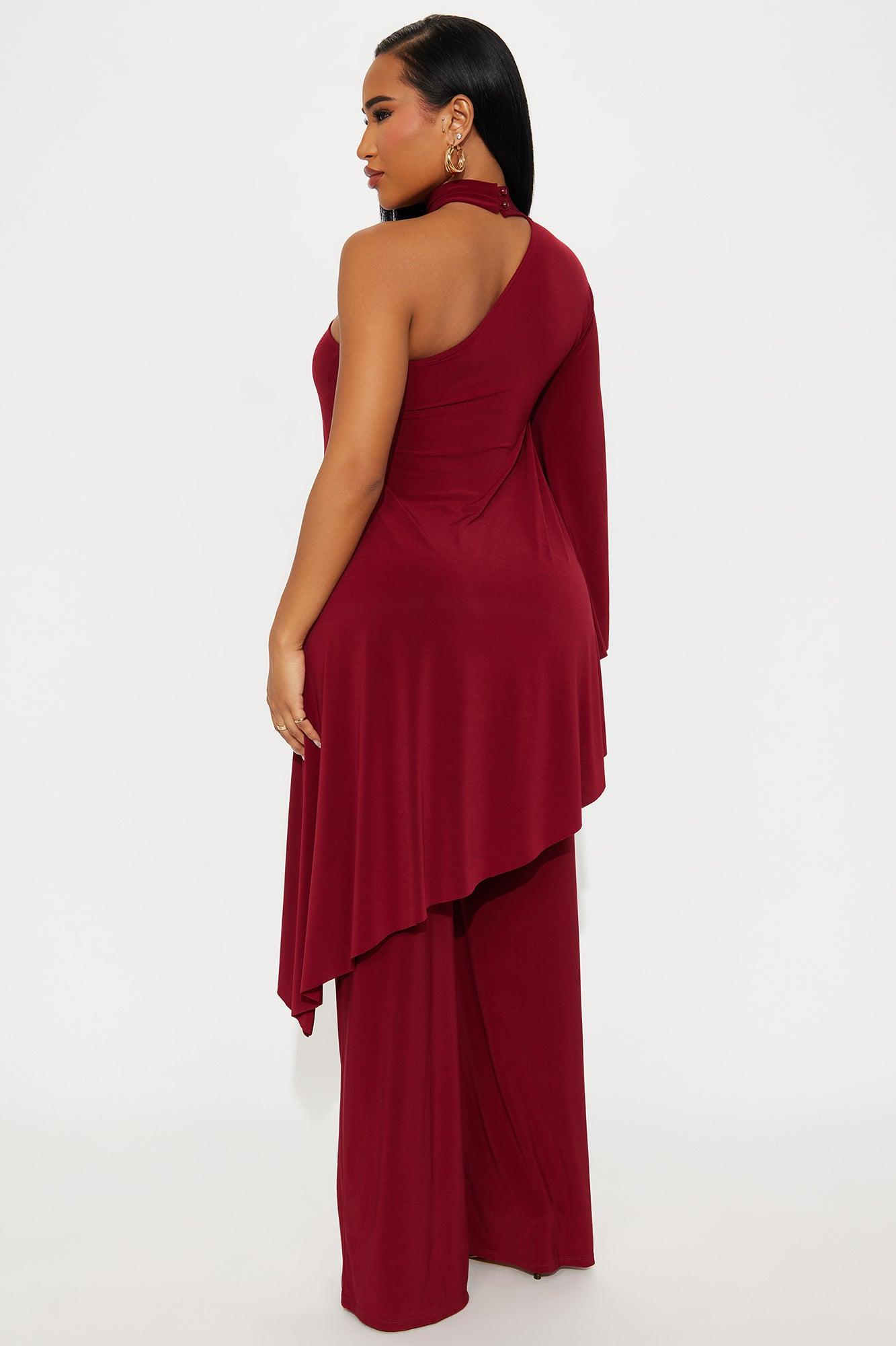 Draped Devotion One Shoulder Pant Set  - Burgundy Female Product Image