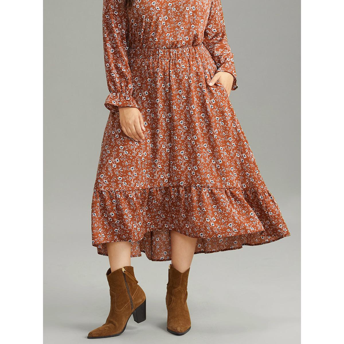 Plus Size Ditsy Floral Pocket Elastic Waist Skirt Women Rust Elegant Elastic Waist No stretch Pocket Everyday Skirts BloomChic 14-16/1X Product Image