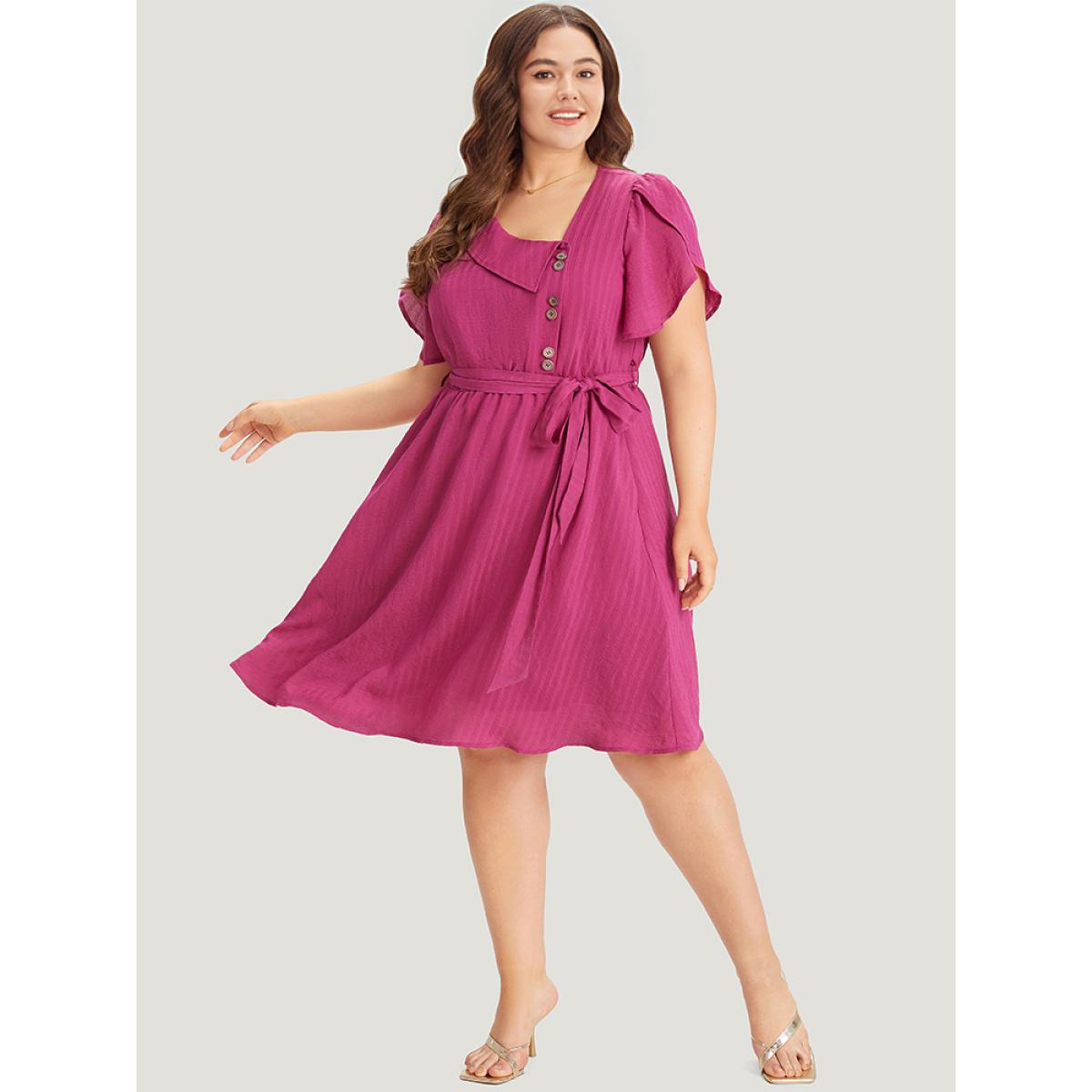 Plus Size Solid Irregular Neck Pocket Button Detail Petal Sleeve Dress RedViolet Women Office Button Asymmetrical Neck Short sleeve Curvy Knee Dress BloomChic 14-16/1X Product Image