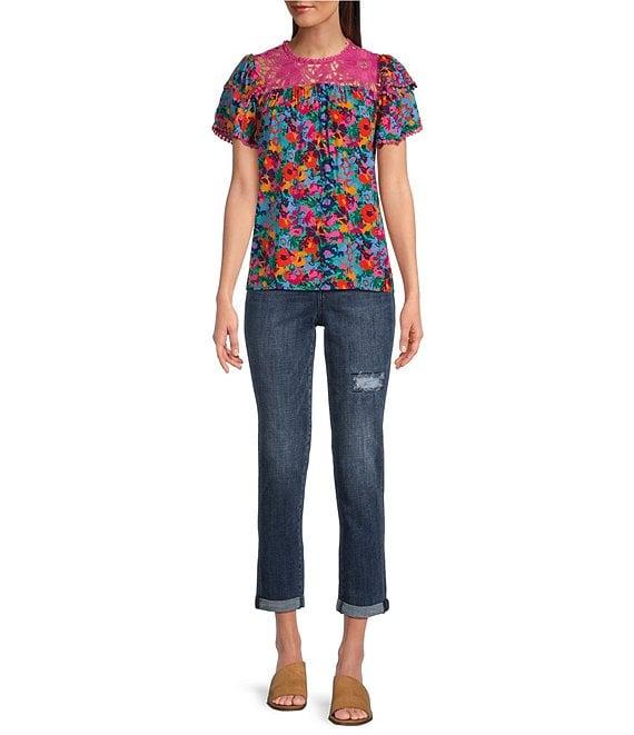 Calessa Garden Floral Round Neck Short Sleeve Lace Detail Top Product Image