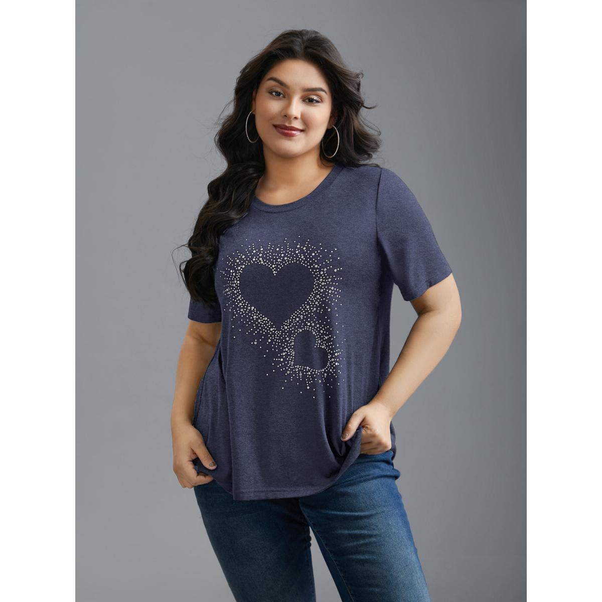 Plus Size Crew Neck Rhinestone Heart T-Shirt DarkBlue Women Casual Rhinestone detailing Round Neck Everyday T-shirts BloomChic 14-16/1X Product Image