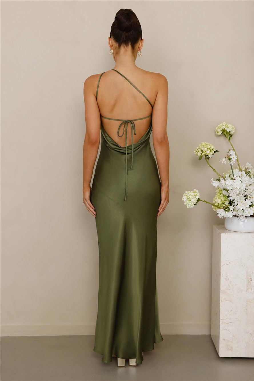 The Evangeline One Shoulder Satin Maxi Dress Olive Product Image
