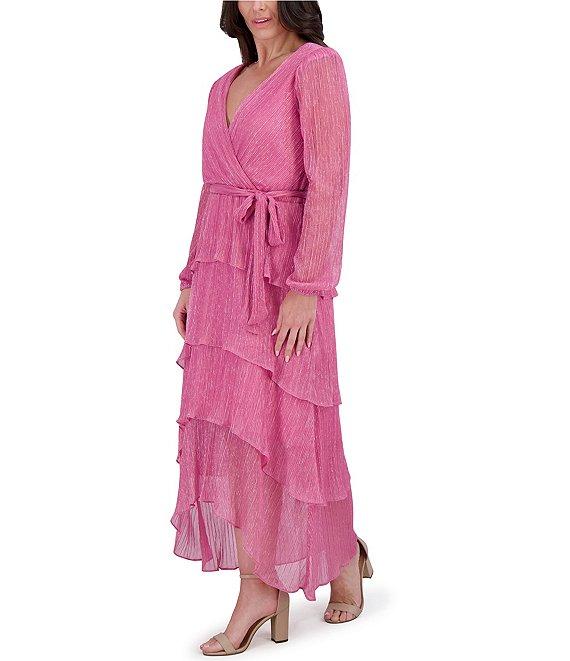 Kensie Shimmer Knit V-Neck Long Sleeve Tie Waist Ruffle Skirt A-Line Maxi Dress Product Image