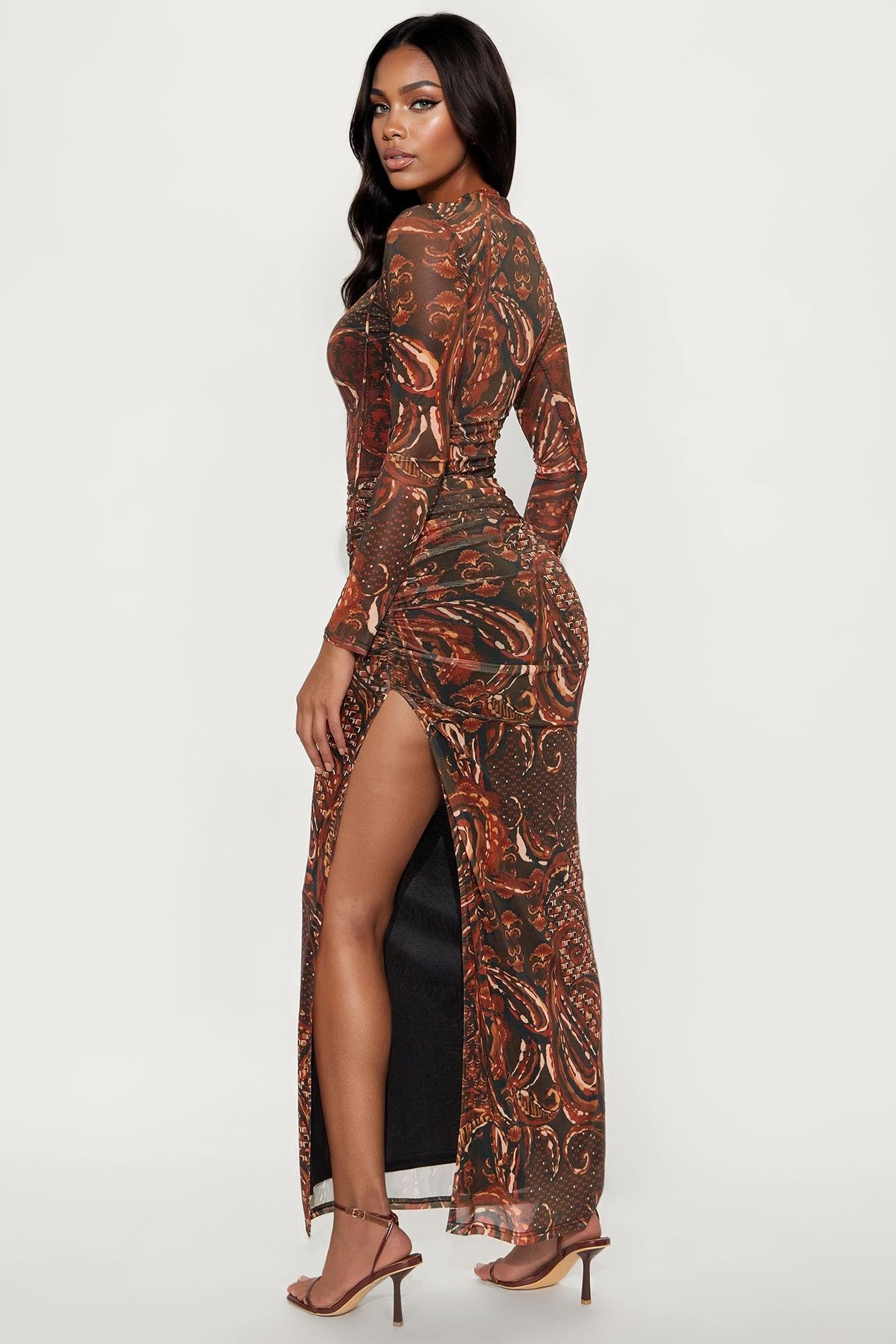 All For Me Lace Up Mesh Maxi Dress - Rust/combo Female Product Image
